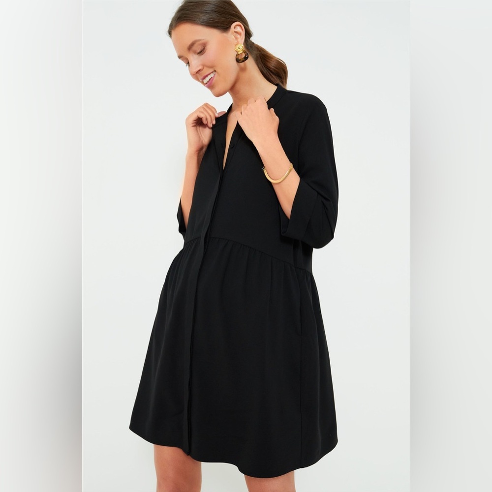Black Stretch Crepe Royal Shirt Dress | Size: L